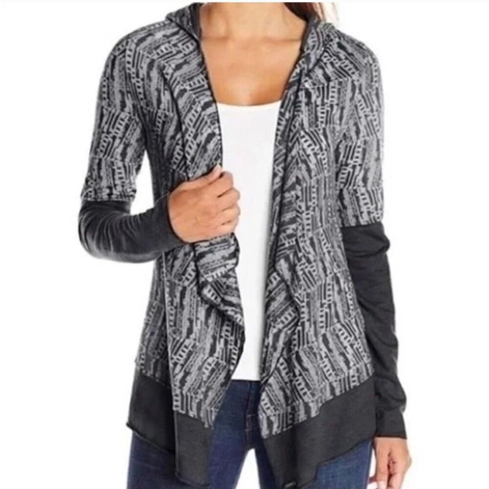 Prana Navy and Gray Open-Front Patterned lightweight Cardigan Sweater